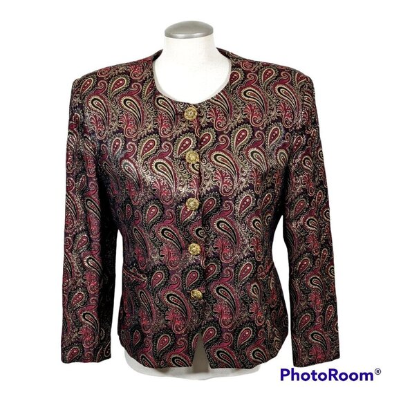 Braemar Petites Vintage Blazer Jacket Womens Medium Shiny Gold Paisley Red Lined - Picture 1 of 7